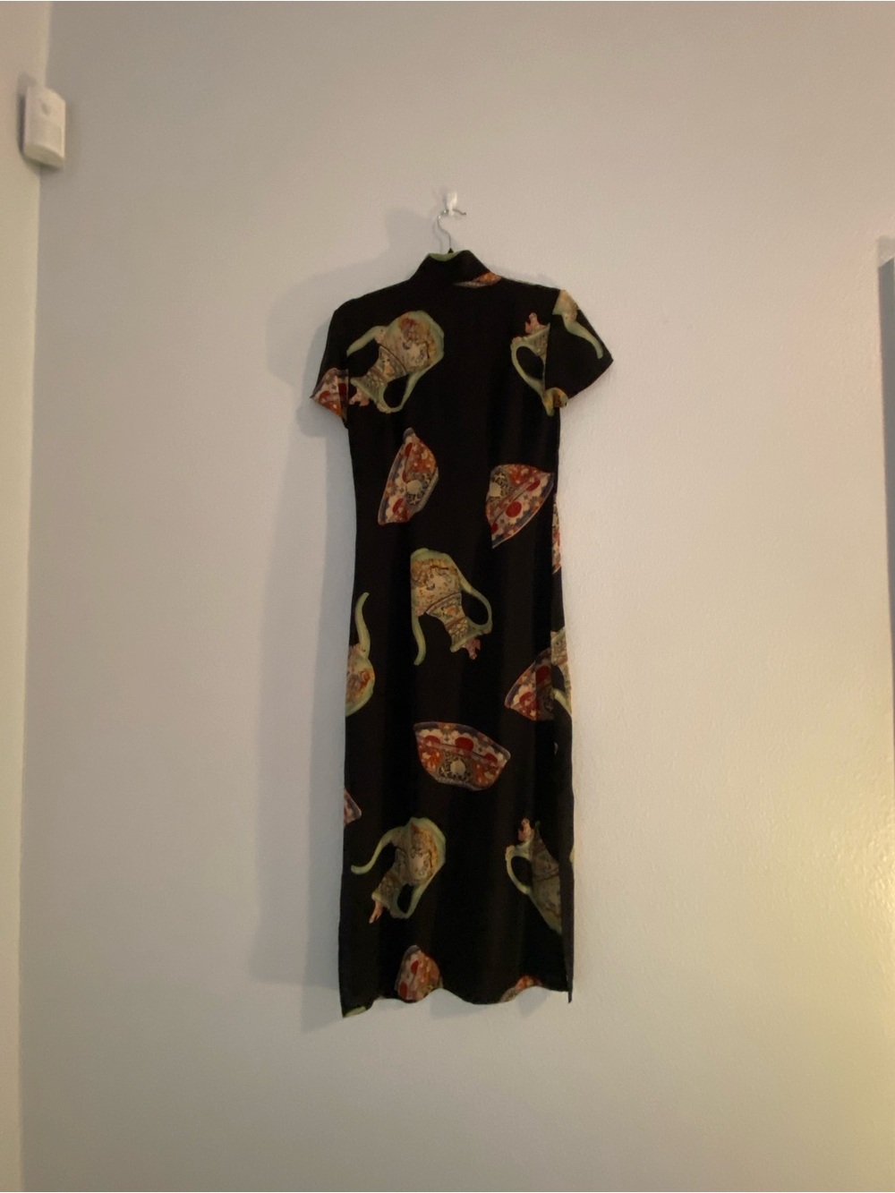 Black 100% Pure Silk Tea Pot Print Midi Dress with Mandarin Collar - Picture 12 of 12
